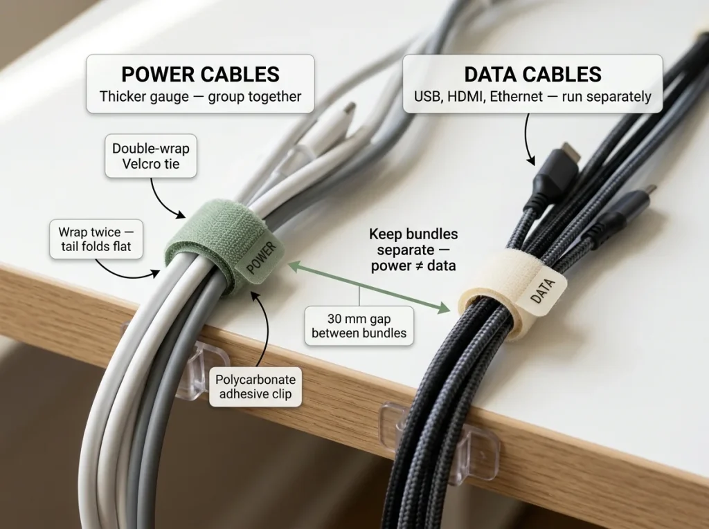 5 Cable Management Solutions Tested at My Desk 5 Infographic showing two Velcro-bundled cable groups on a desk back edge — power cables separate from data cables with wrap technique labeled