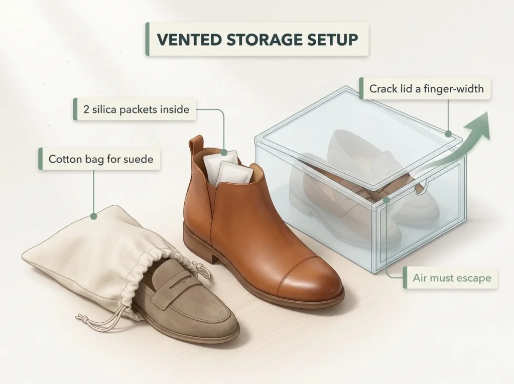 Editorial close-up showing one shoe set up for storage with silica packets inside, a cotton dust bag, and a vented bin lid