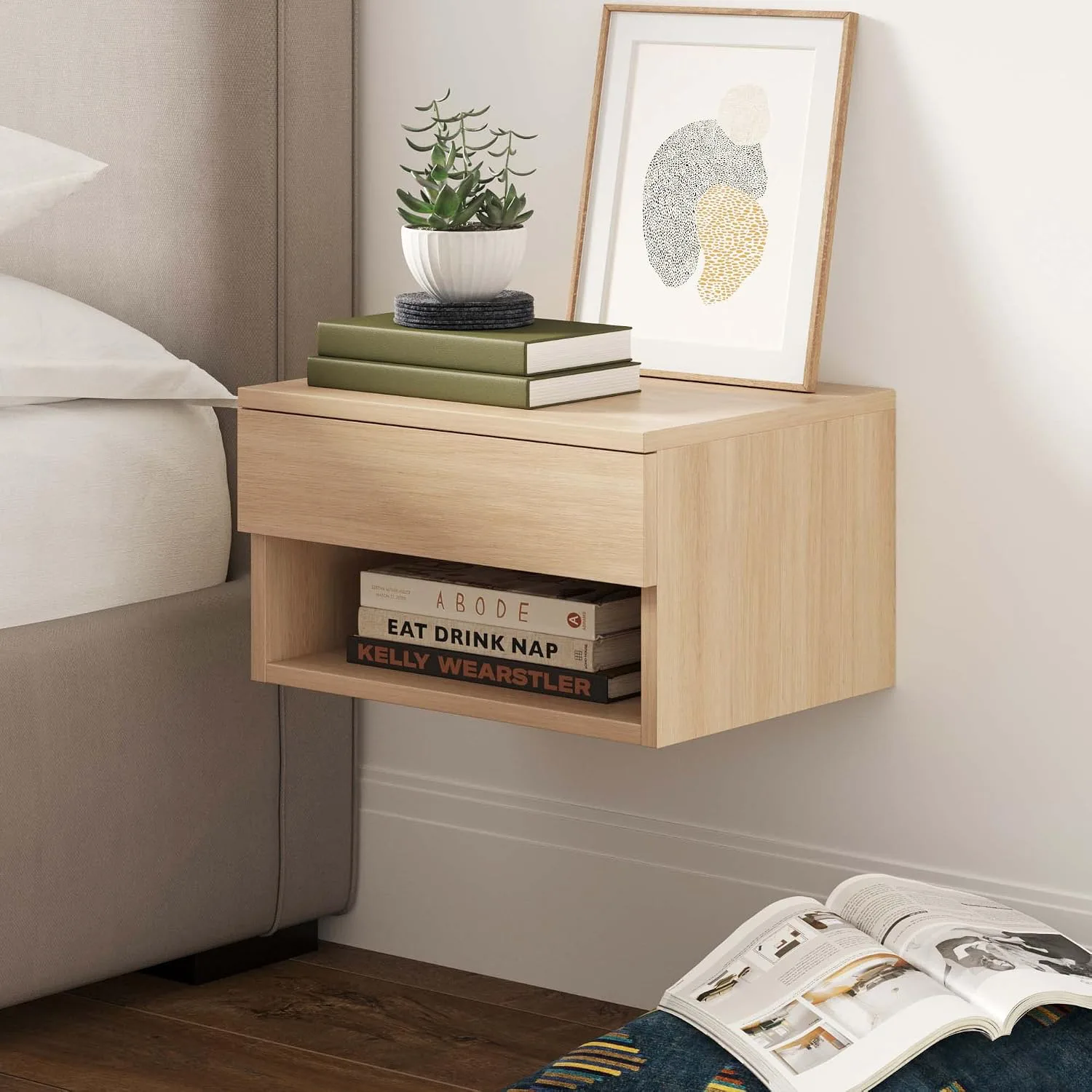 Nathan James Jackson Floating Nightstand (wall-mounted, drawer + cubby)