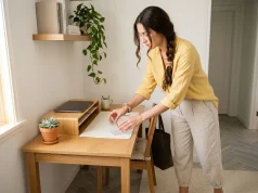 How to Build an Aesthetic Desk That Stays Organized Eastern European woman in butter yellow tunic building an aesthetic desk setup, placing acrylic organizer on neutral desk