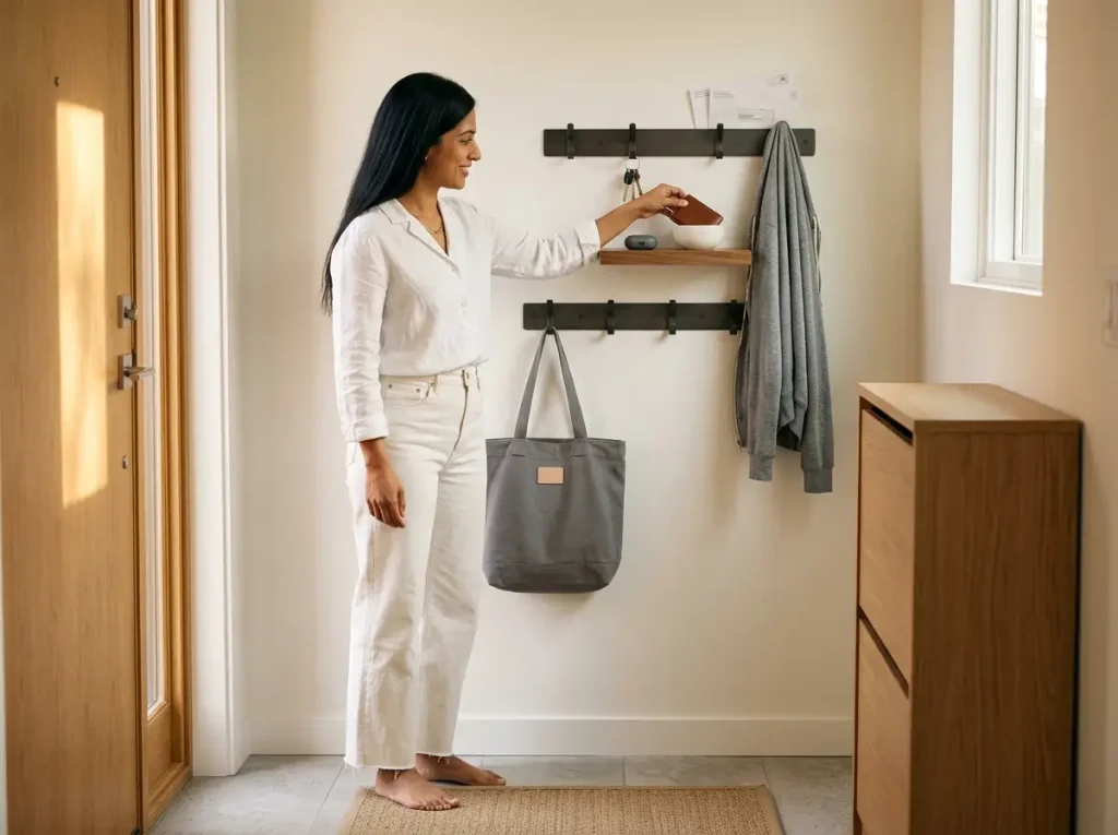 Woman hanging bag on wall hook rail with key tray and shelf in apartment entryway