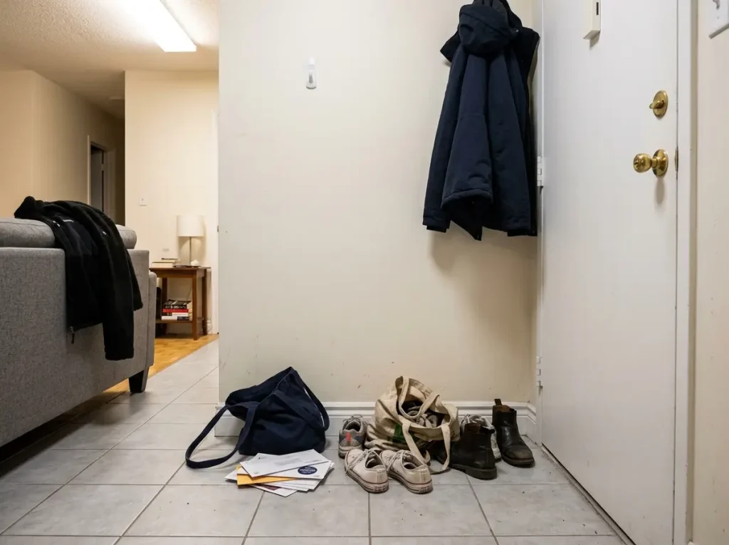 Cluttered apartment entryway with shoes and bags piled near front door, no organization system