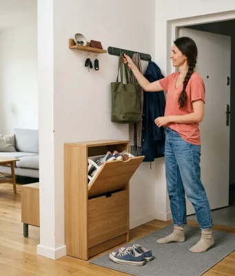 No Foyer? How to Make an Apartment Entryway Work Organized small apartment entryway with wall hooks and shoe storage near front door