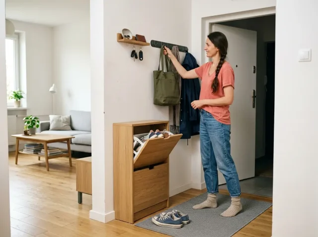 Organized small apartment entryway with wall hooks and shoe storage near front door