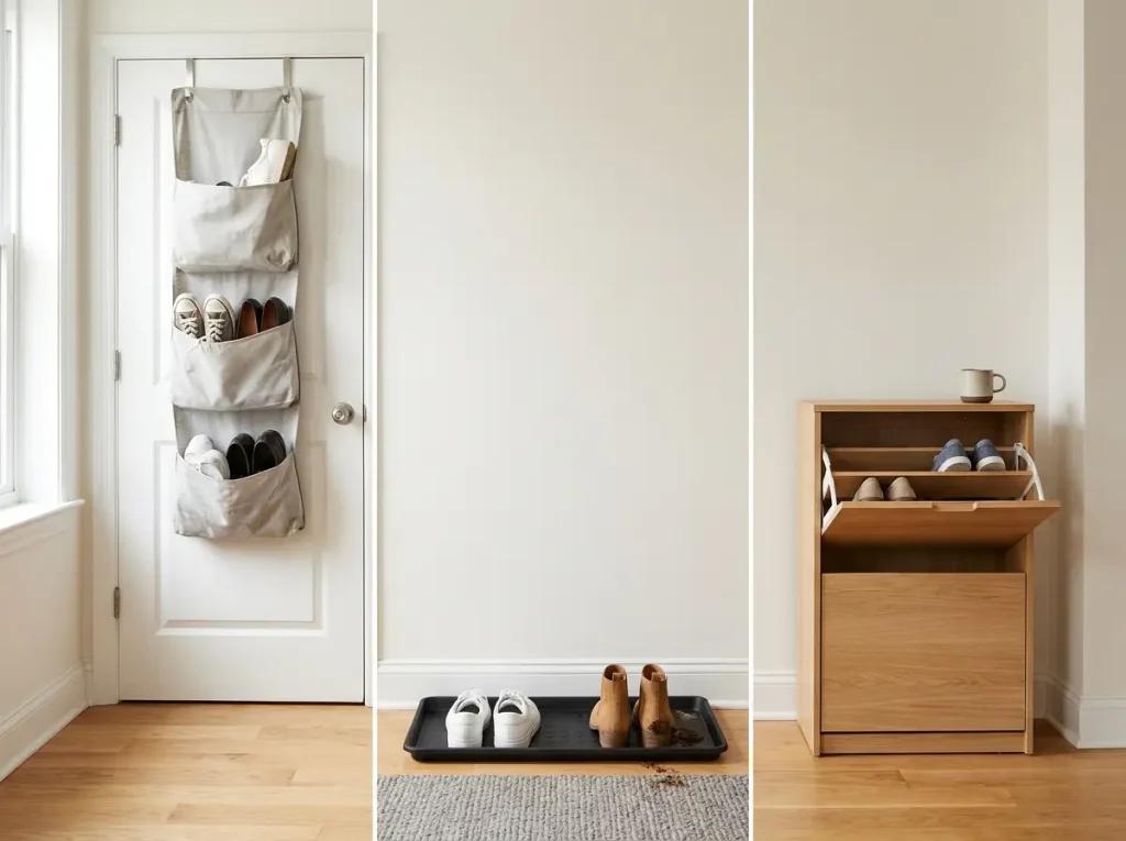 Three apartment shoe storage options — over-door organizer, boot tray, and slim shoe cabinet