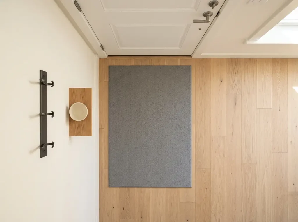 Top-down view of apartment entryway mat defining zone near front door with single hook rail