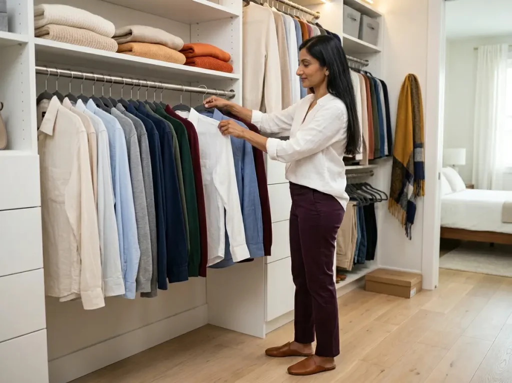 How to Organize Clothes With or Without a Closet 4 Woman arranging shirts by color on matching velvet hangers in an organized closet