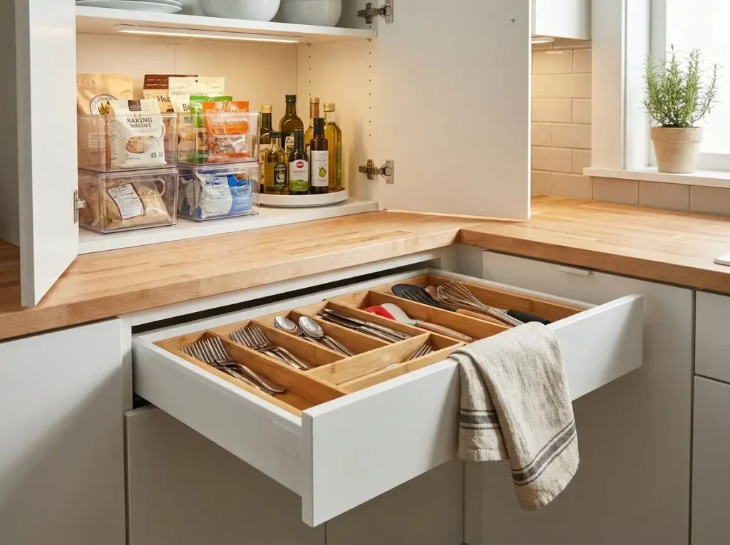 Organized utensil drawer with bamboo divider beside clear stackable zone bins in a cabinet