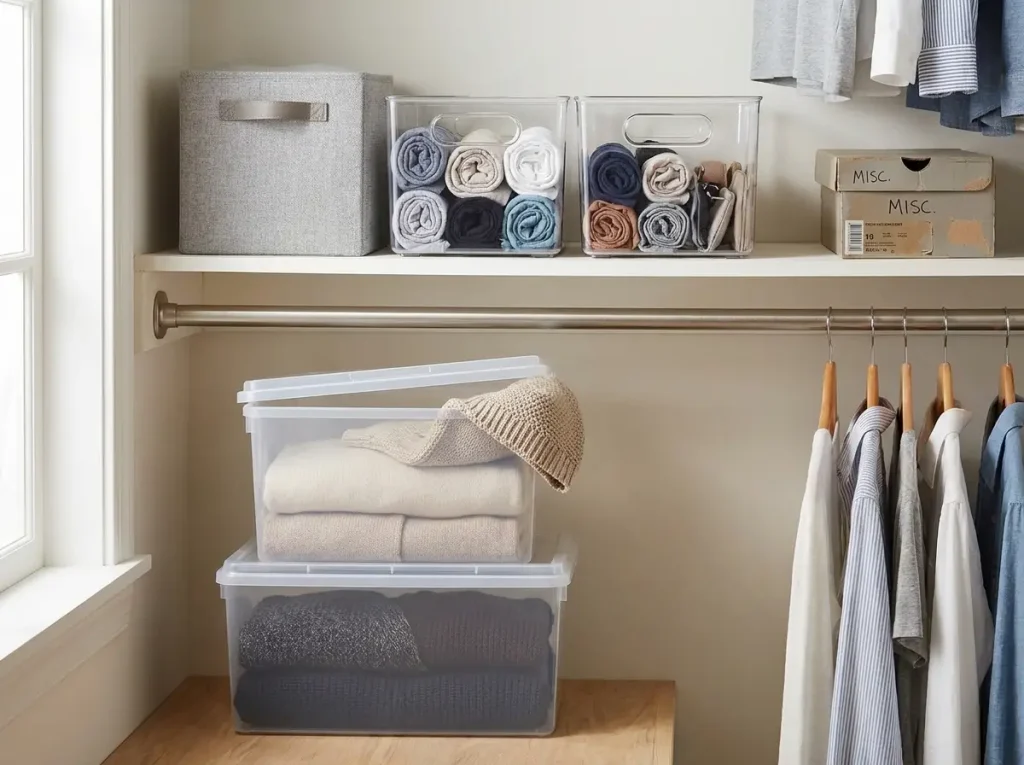 Clear stackable and nestable storage boxes arranged neatly on a closet shelf