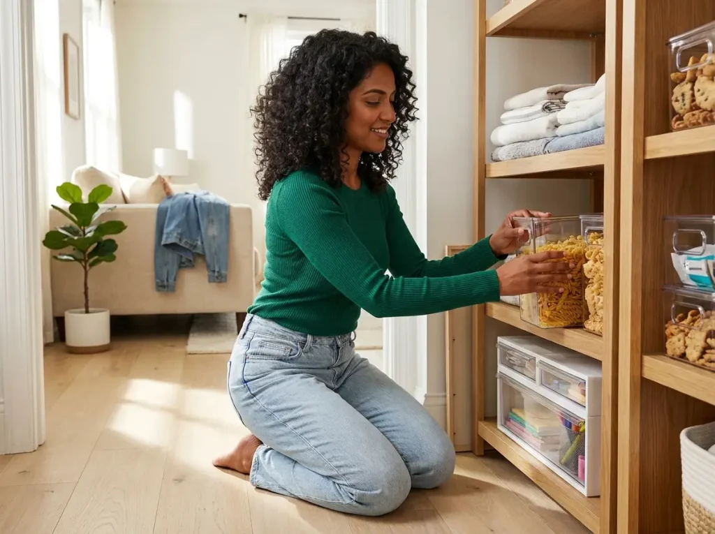 Woman organizing the best clear storage bins across pantry and closet shelves by use case