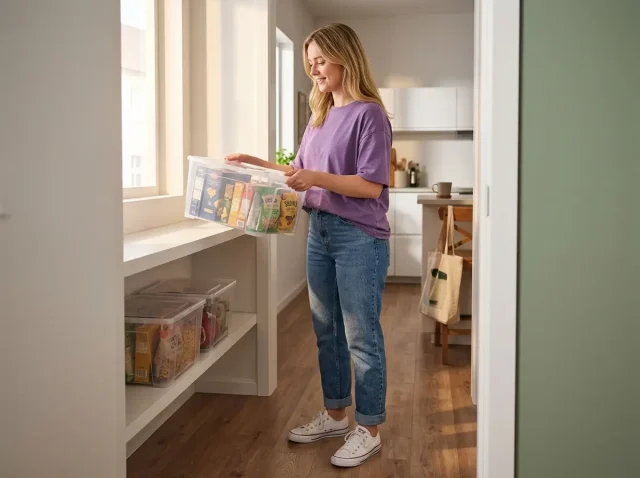 Woman sliding a clear storage bin onto a rental pantry shelf, the best clear storage bins fit test