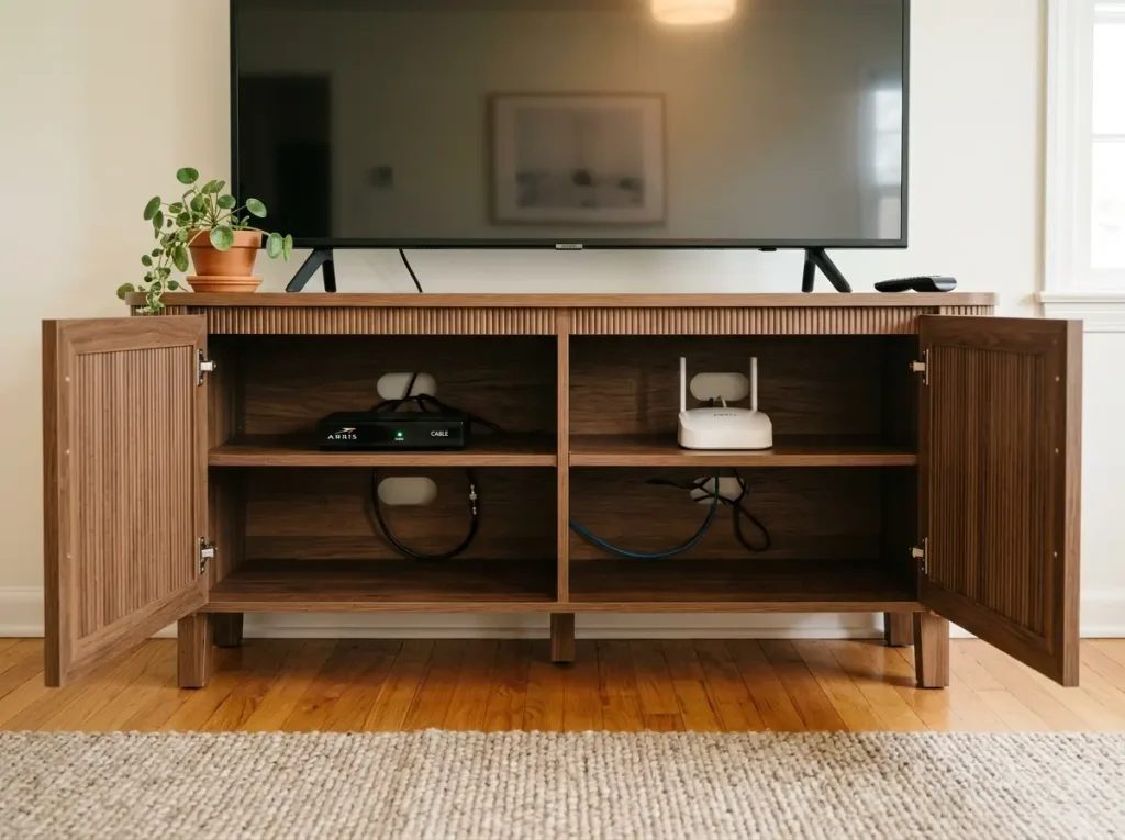 Walker Edison Arundo fluted closed cabinet TV stand with doors open showing organized interior