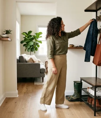 Best Entryway Organizers for Small Spaces Small apartment entryway with slim hall tree, organized shoes, and a woman reaching for her jacket