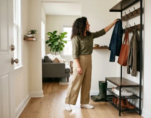 Best Entryway Organizers for Small Spaces Small apartment entryway with slim hall tree, organized shoes, and a woman reaching for her jacket