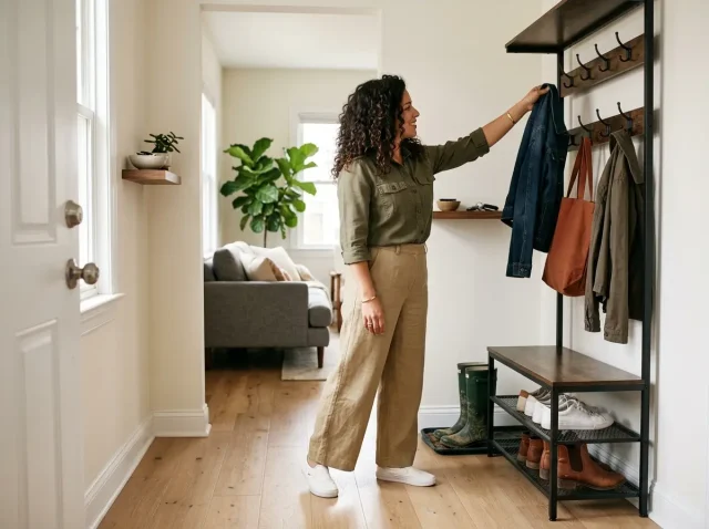 Small apartment entryway with slim hall tree, organized shoes, and a woman reaching for her jacket