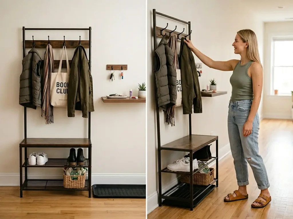 Woman pulling a jacket from a slim hall tree in a narrow apartment entryway