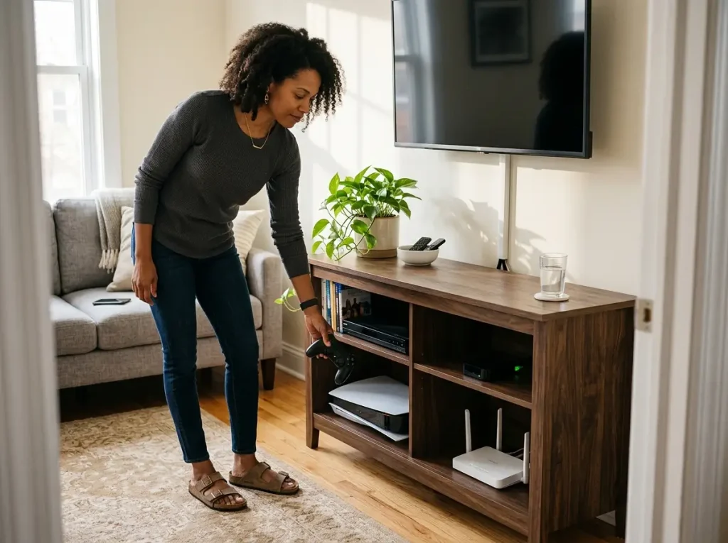 Organized Walker Edison style open cubby TV stand in small living room with woman reaching for device