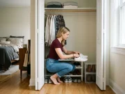 Best Shoe Organizers for Every Space and Budget Woman choosing shoe organizers for a small reach-in closet, sneakers on a tiered rack