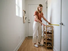 Apartment Shoe Racks Ranked by Depth and Fit Woman evaluating shoe rack options in compact apartment entryway with measuring tape visible