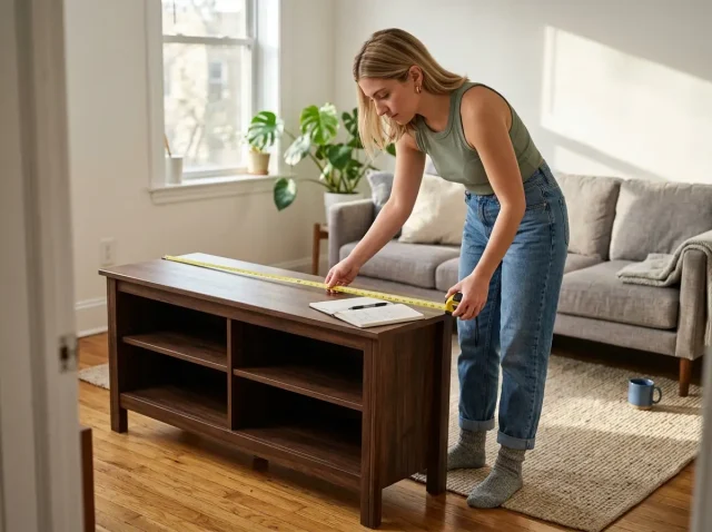 Woman comparing TV stand measurements in a small living room before buying