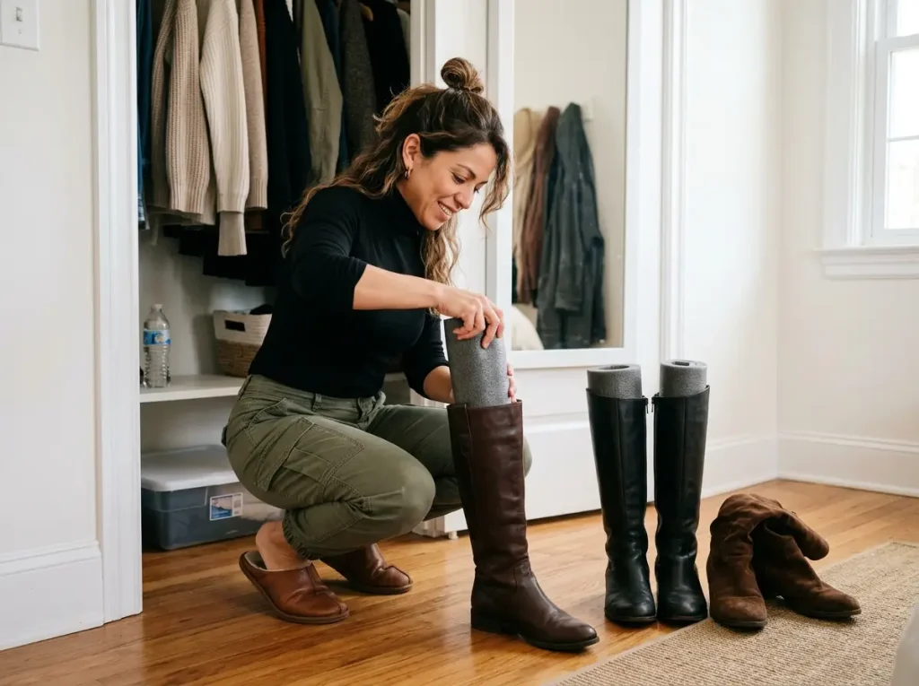 Shoe Storage Ideas for Small Spaces, Room by Room 9 Latina woman inserting boot shapers into knee-high boots to prevent collapse in small closet