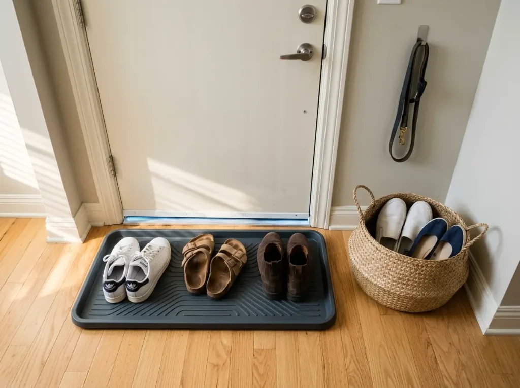Boot tray with neatly placed shoes and woven basket beside it at apartment entryway floor