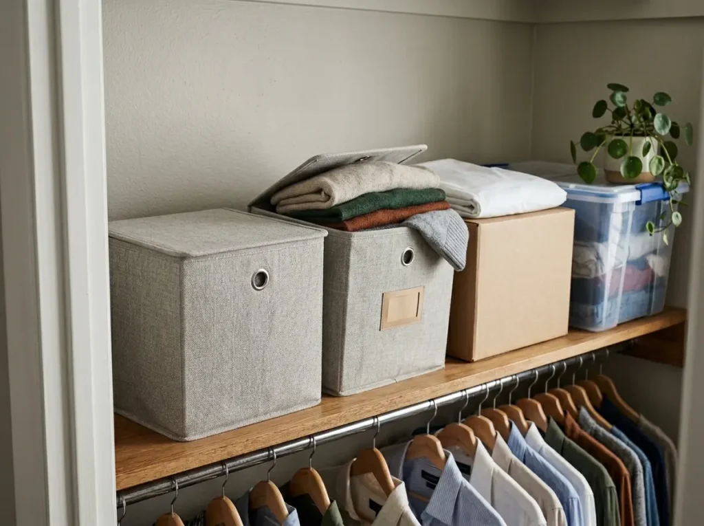 Breathable labeled fabric bins of folded sweaters on a closet shelf with a cardboard box alternative