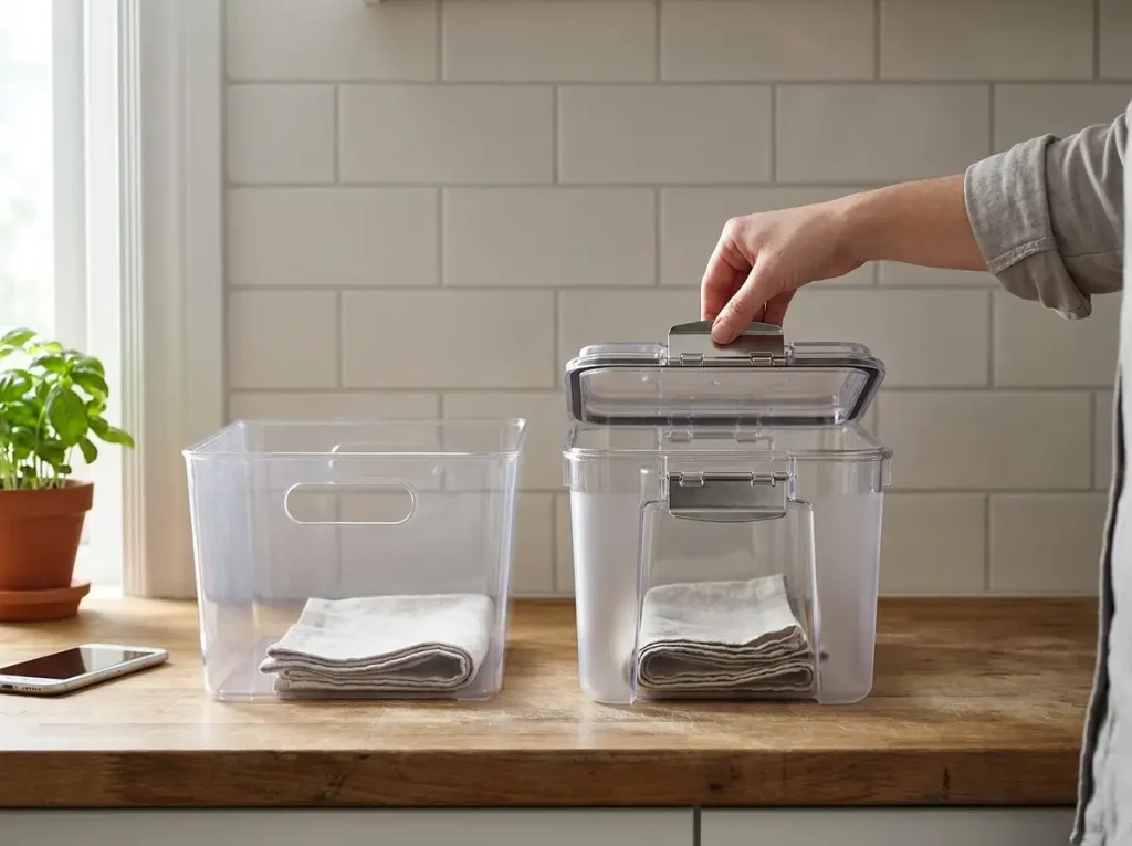 Two clear storage bins side by side comparing a budget bin and a premium bin lid mechanism