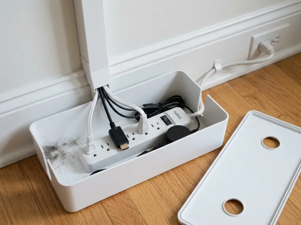 D-Line cable management box open on floor showing power strip and cord organization at TV wall base