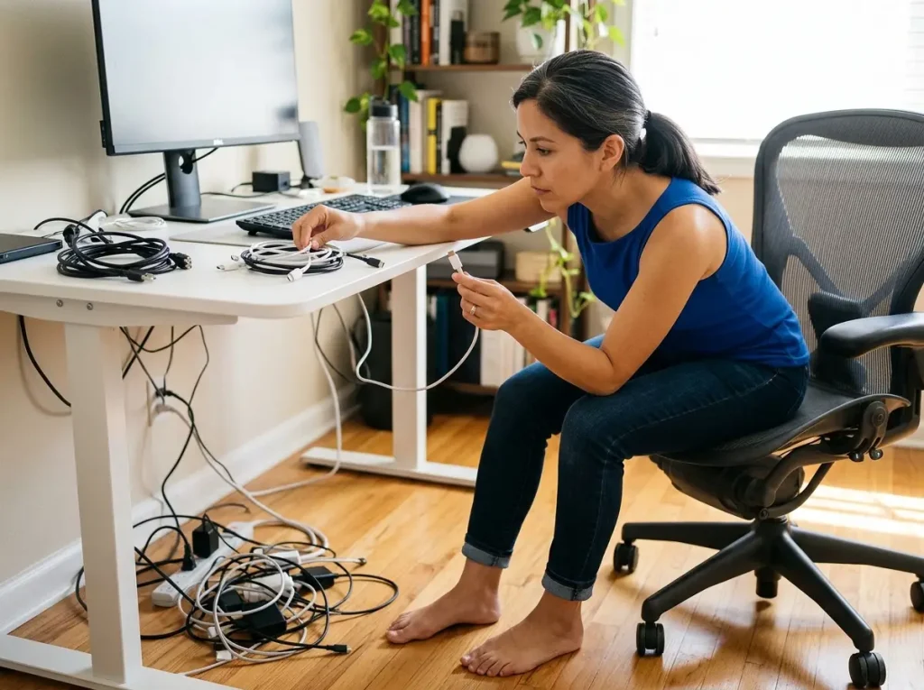5 Cable Management Solutions Tested at My Desk 1 Woman pulling cables from a power strip to audit active and inactive desk cords