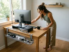 5 Cable Management Solutions Tested at My Desk Woman organizing desk cables at a clean home office workstation with monitor and cable tray