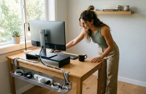 5 Cable Management Solutions Tested at My Desk Woman organizing desk cables at a clean home office workstation with monitor and cable tray
