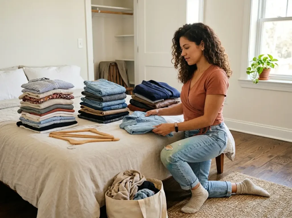 Woman editing a capsule wardrobe into keep and off-season piles on a bed by category