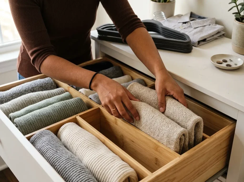 Hands file-folding a sweater into bamboo drawer dividers for capsule wardrobe storage
