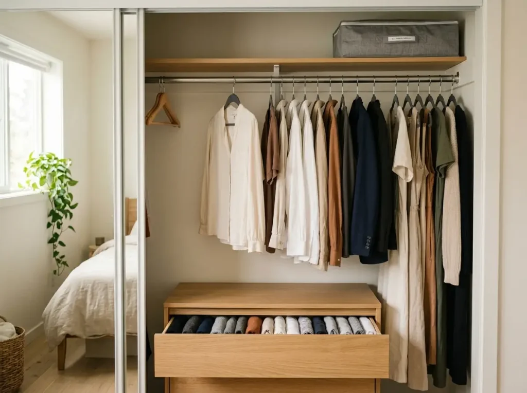 Tidy capsule wardrobe rod evenly spaced three months later with the system still working