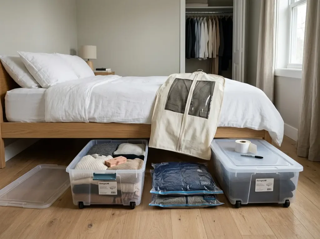 Off-season capsule wardrobe storage with rolling under-bed totes and a breathable cotton garment bag