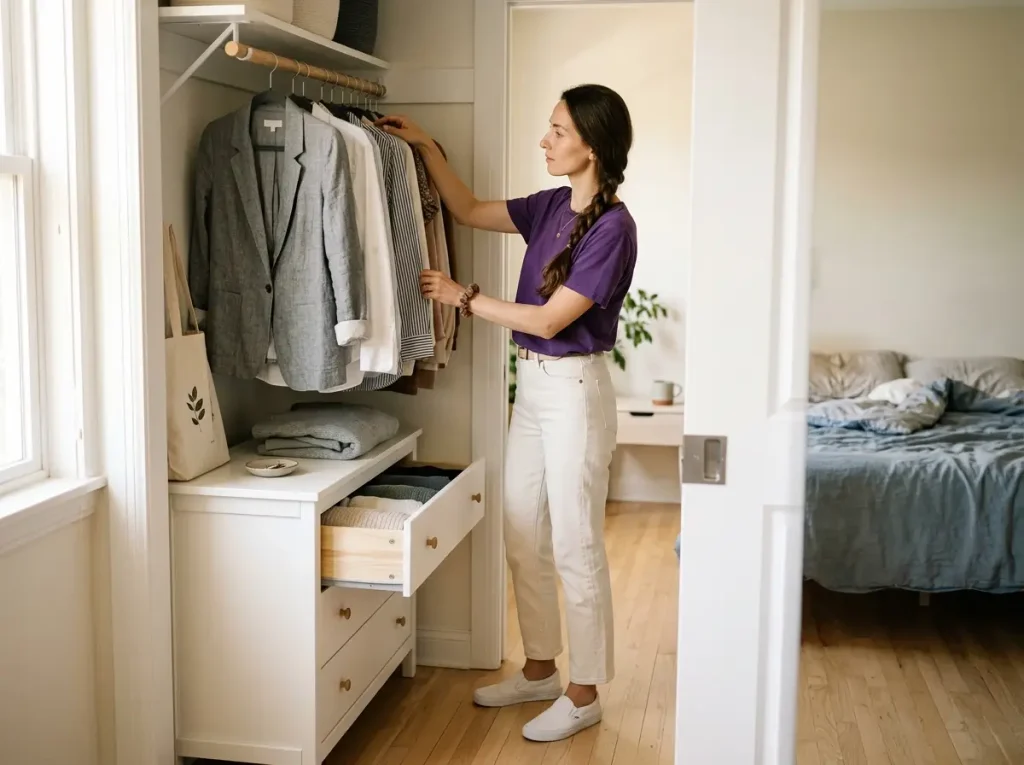 Woman organizing a capsule wardrobe on slim velvet hangers in a small bedroom closet