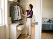 Why Your Capsule Wardrobe Organization Fails by Month 3 Woman organizing a capsule wardrobe on slim velvet hangers in a small bedroom closet