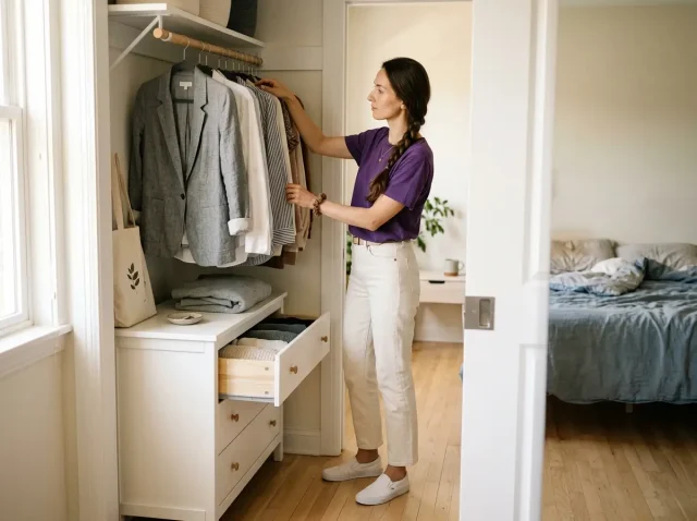Woman organizing a capsule wardrobe on slim velvet hangers in a small bedroom closet