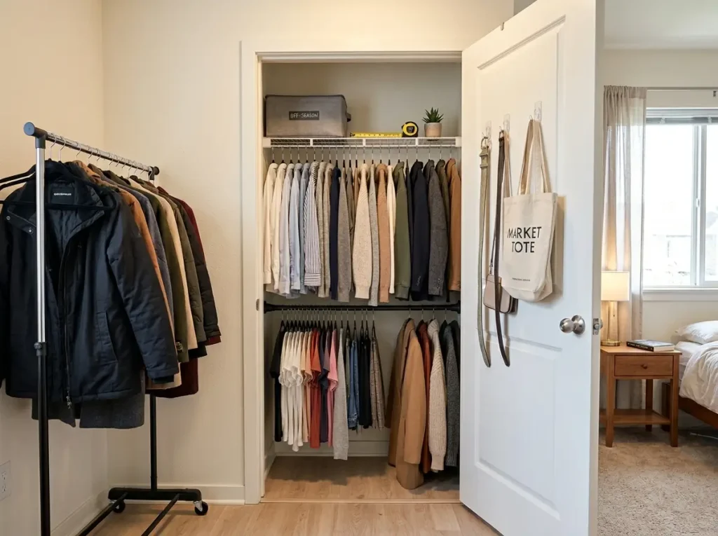 Small rental reach-in closet organized with a no-drill tension rod and freestanding garment rack