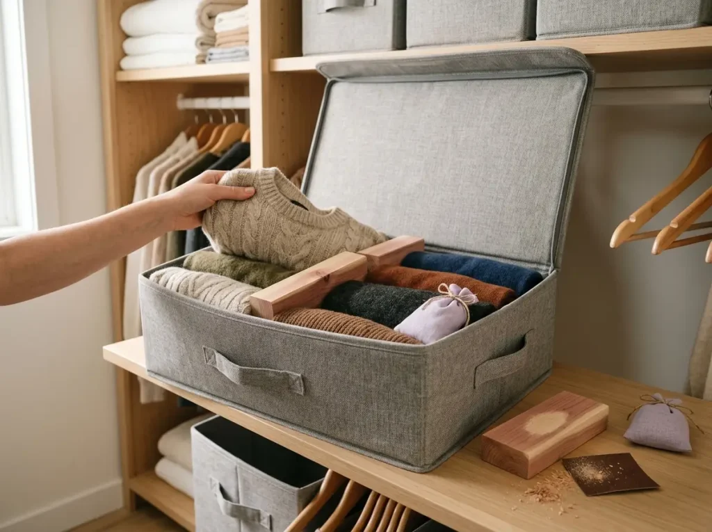 Cedar blocks and lavender sachets tucked into a breathable bin of folded sweaters during a check