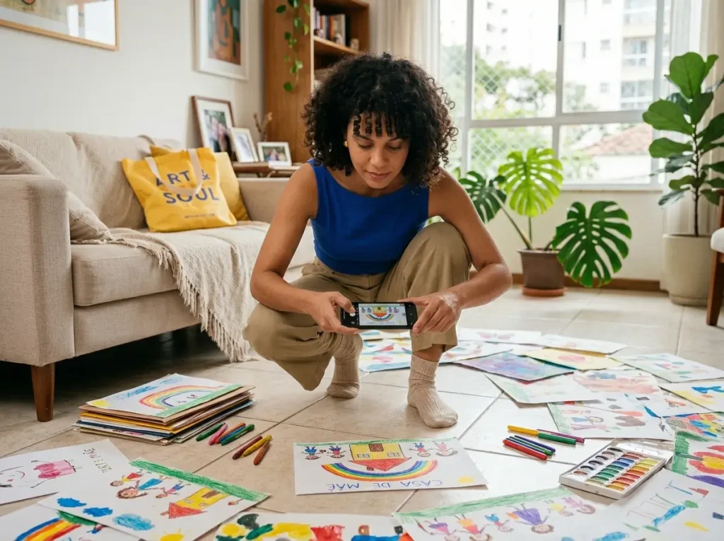 Brazilian woman photographing children's artwork spread on floor using phone, bright home daylight, artwork curation in progress
