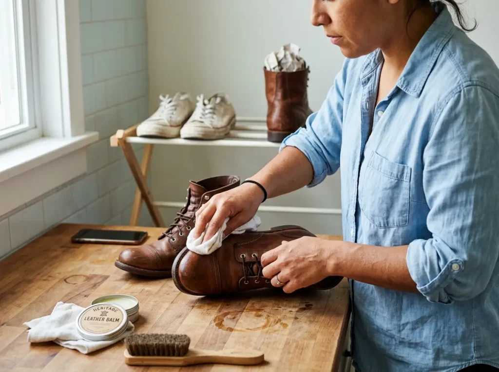Hands wiping and conditioning a leather boot before storing seasonal shoes to prevent mold