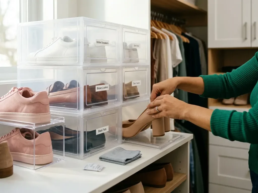 Best Shoe Organizers for Every Space and Budget 6 Hands placing a pair of heels into a clear drop-front stackable shoe box on a closet shelf