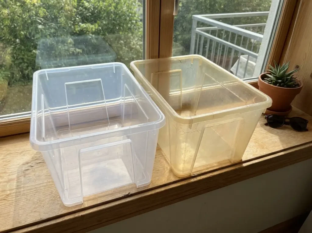 Two clear storage bins compared, one crisp and one yellowed and hazy from UV exposure
