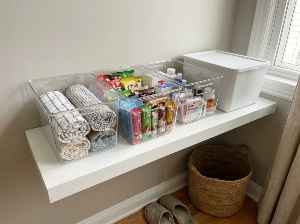 Clear storage bins on a shelf showing visible contents next to one opaque bin for comparison