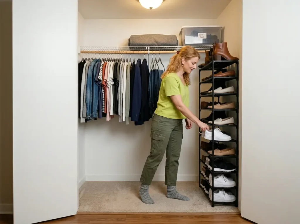 Shoe Organization That Actually Lasts 4 Woman organizing shoes on narrow tiered metal shoe rack in apartment reach-in closet