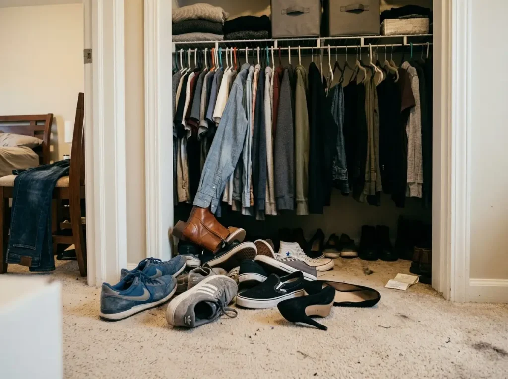 How to Organize Shoes in a Closet That Won't Pile Up Again 1 Messy pile of shoes on a closet floor under hanging clothes, no system in place