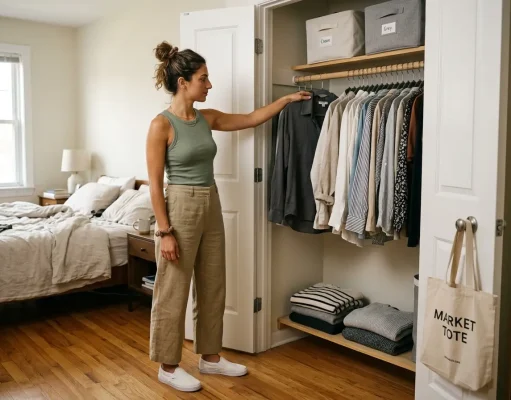 How to Organize Clothes With or Without a Closet Woman organizing clothes on matching velvet hangers in a tidy reach-in closet
