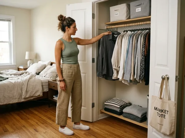 clothing-organization-reach-in-closet-velvet-hangers Woman organizing clothes on matching velvet hangers in a tidy reach-in closet